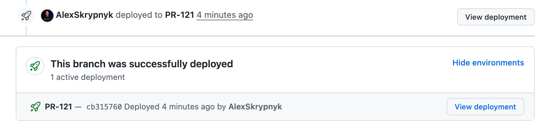 GitHub pull request page showing a successful deployment with a View
deployment button